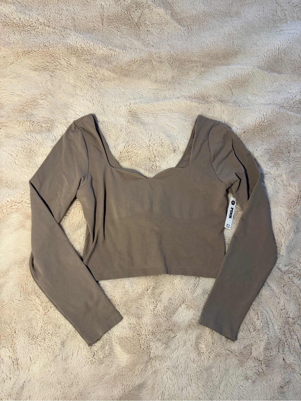 PINK Victoria's Secret Long Sleeve Scoop-Neck Crop Top - Taupe